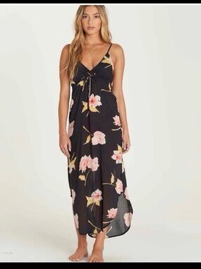 Billabong Black Maxi Dress with Pink Floral Print